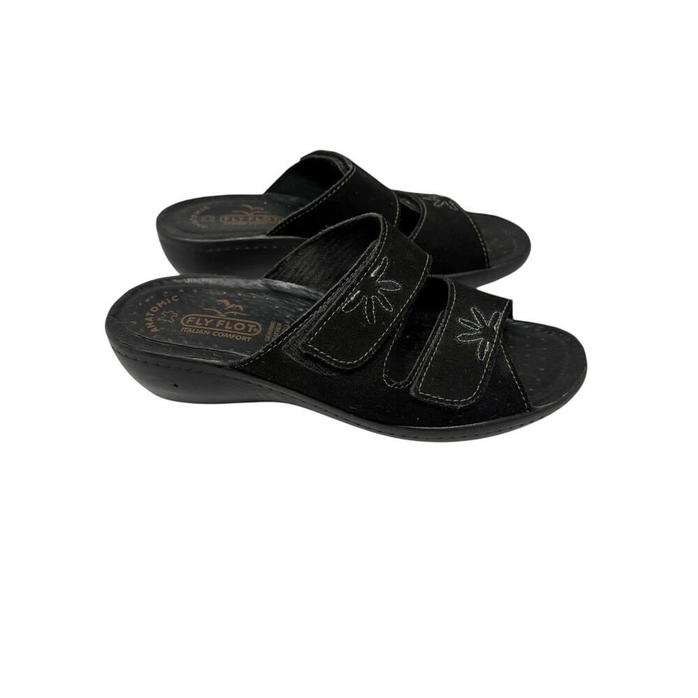 Fly Flot Black Suede Floral Italian Leather Comfort Sandals EU 37 US US 7